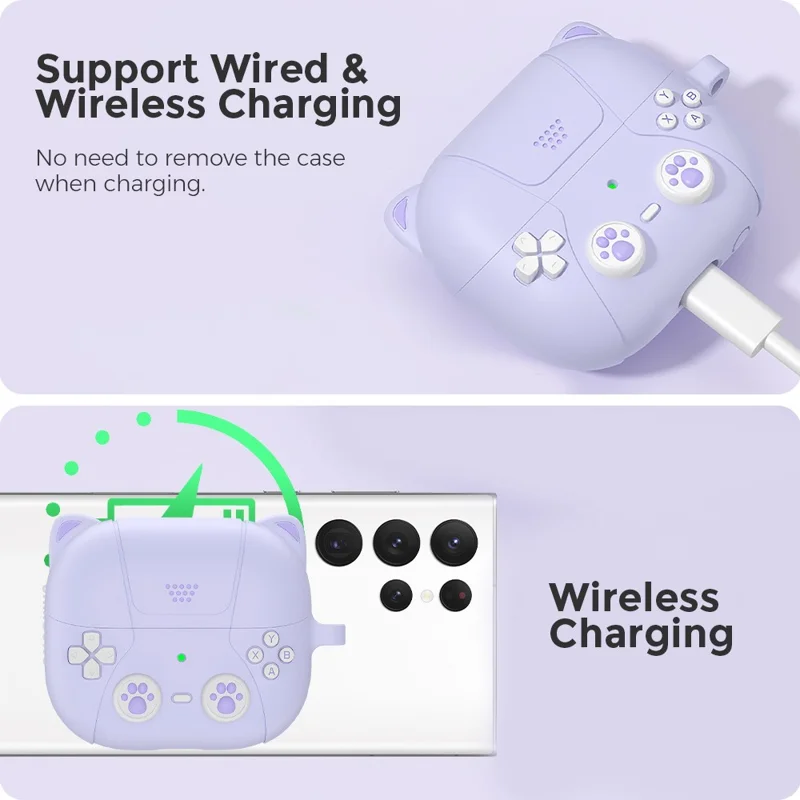 AHASTYLE WG160 For Samsung Galaxy Buds3 / Buds3 Pro Cartoon Cat Ears Silicone Protective Case with Hanging Hook - Purple