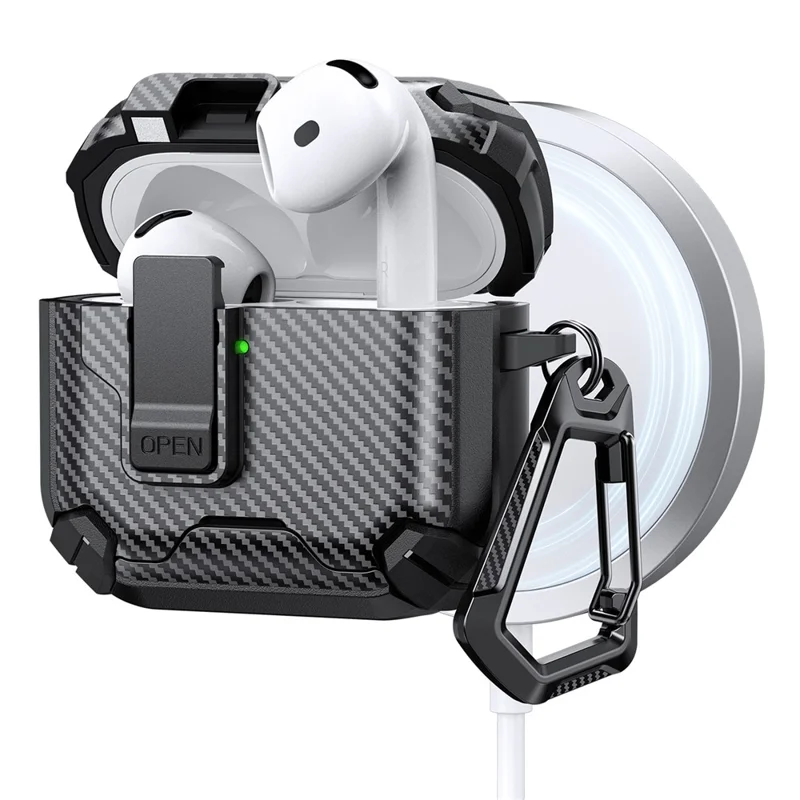 For AirPods 4 Case Canbon Fiber Texture Compatible with MagSafe TPU PC Earbuds Cover with Carabiner - Black