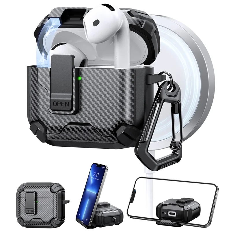 For AirPods 4 Case Canbon Fiber Texture Compatible with MagSafe TPU PC Earbuds Cover with Carabiner - Black