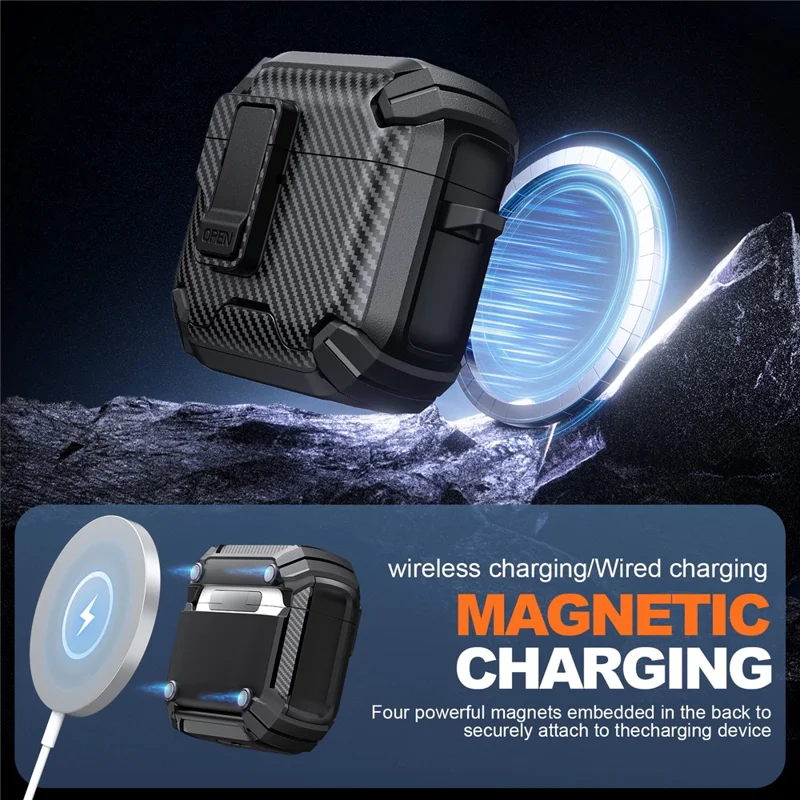 For AirPods 4 Case Canbon Fiber Texture Compatible with MagSafe TPU PC Earbuds Cover with Carabiner - Black