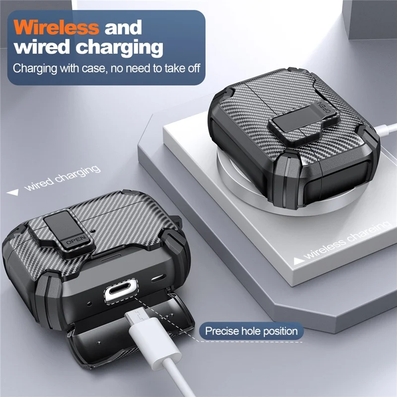 Cover in fibra di carbonio per AirPods Pro 2 Compatibile con MagSafe TPU PC Cover per Auricolari con Moschettone - Nero