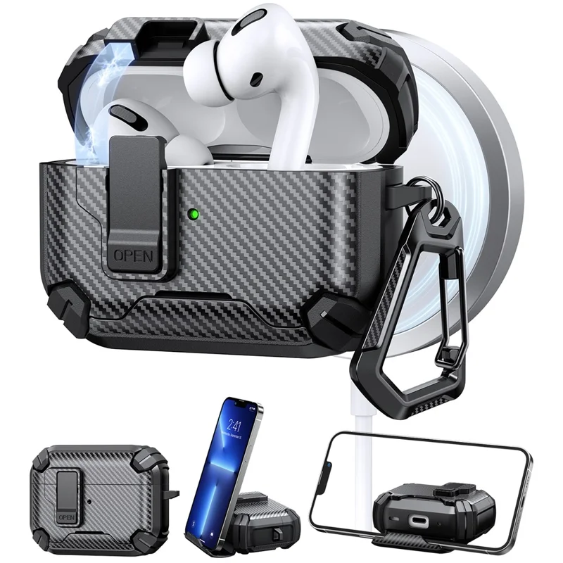Cover in fibra di carbonio per AirPods Pro 2 Compatibile con MagSafe TPU PC Cover per Auricolari con Moschettone - Nero