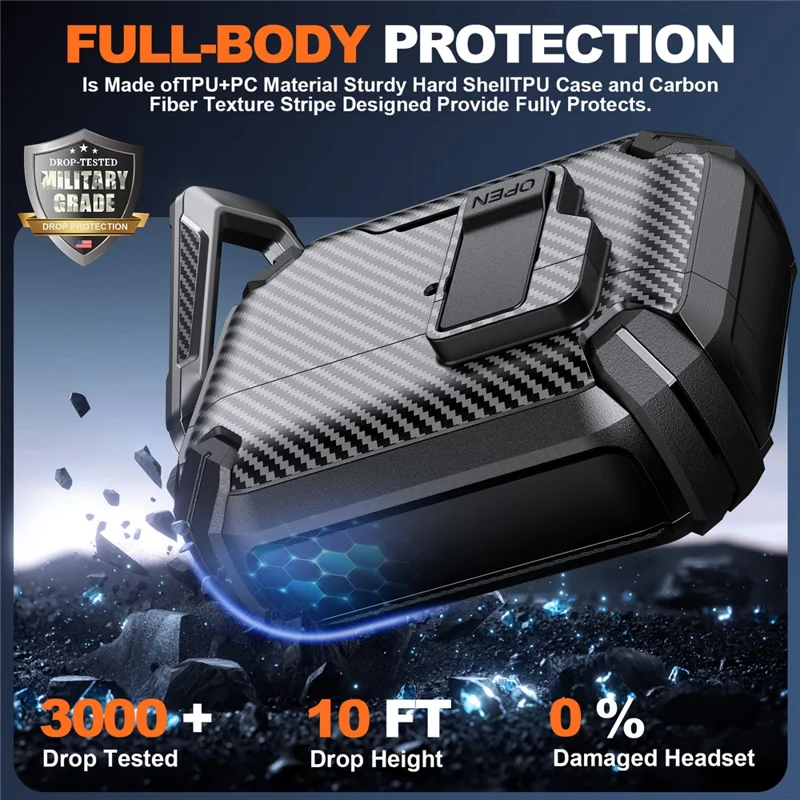 Cover in fibra di carbonio per AirPods Pro 2 Compatibile con MagSafe TPU PC Cover per Auricolari con Moschettone - Nero
