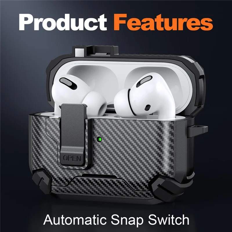 Cover in fibra di carbonio per AirPods Pro 2 Compatibile con MagSafe TPU PC Cover per Auricolari con Moschettone - Nero