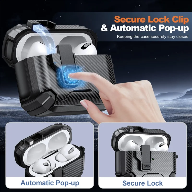 Cover in fibra di carbonio per AirPods Pro 2 Compatibile con MagSafe TPU PC Cover per Auricolari con Moschettone - Nero