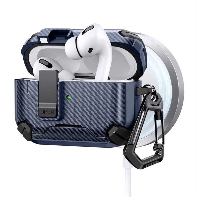 For AirPods Pro 2 Case Canbon Fiber Texture Compatible with MagSafe TPU PC Earbuds Cover with Carabiner - Dark Blue
