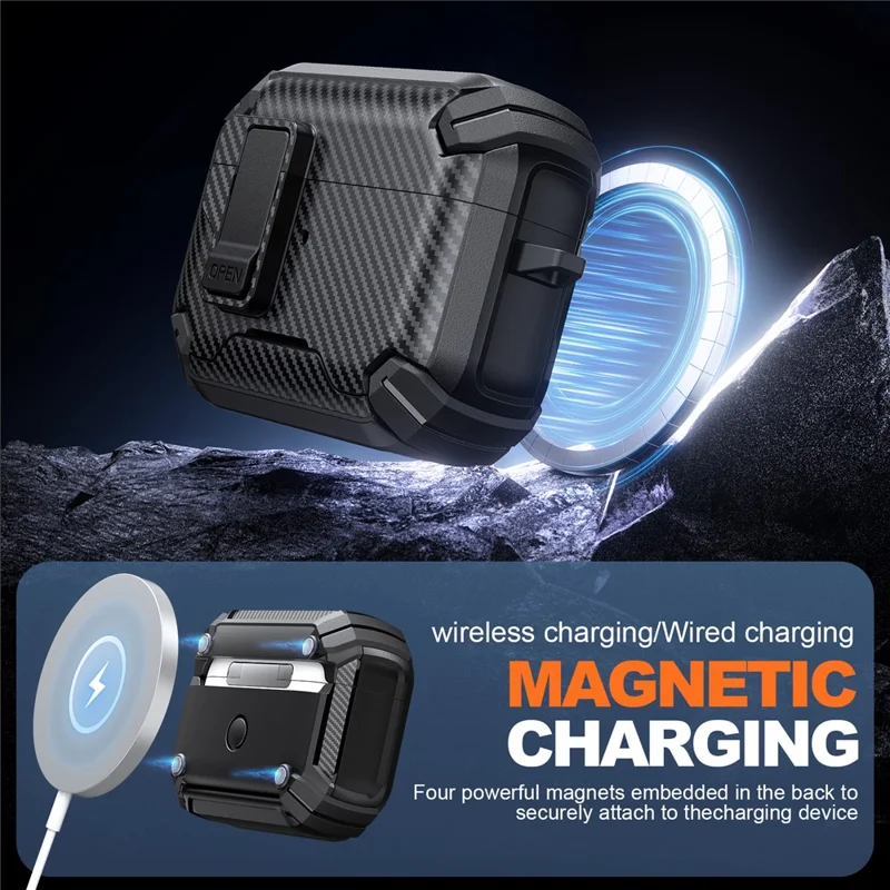 For AirPods Pro 2 Case Canbon Fiber Texture Compatible with MagSafe TPU PC Earbuds Cover with Carabiner - Dark Blue