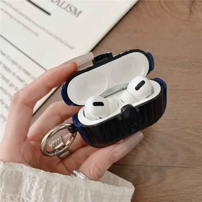 Para Apple AirPods Pro Funda Textura Hebilla Protectora Carcasa PC TPU Auricular Cubierta - Azul + Negro Brillante