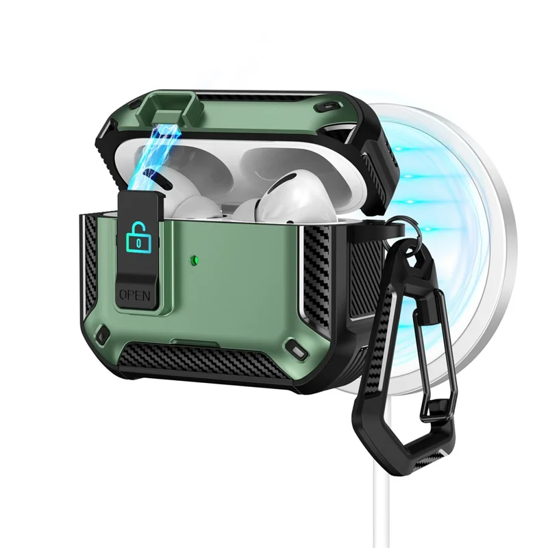 Custodia per Apple AirPods Pro Compatibile con MagSafe, Cover per Auricolari in TPU e PC con Moschettone / Supporto - Nero / Verde
