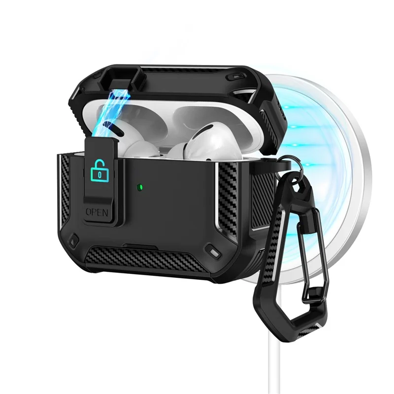 For AirPods Pro 2 Case Compatible with MagSafe TPU PC Earbuds Cover with Carabiner  /  Stand - Black