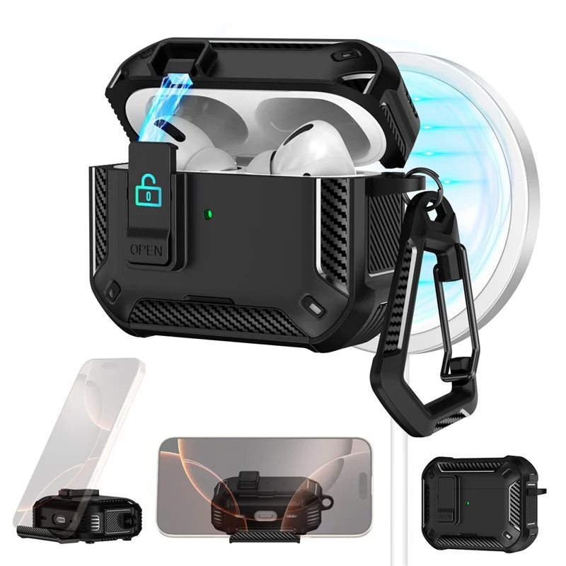 For AirPods Pro 2 Case Compatible with MagSafe TPU PC Earbuds Cover with Carabiner  /  Stand - Black