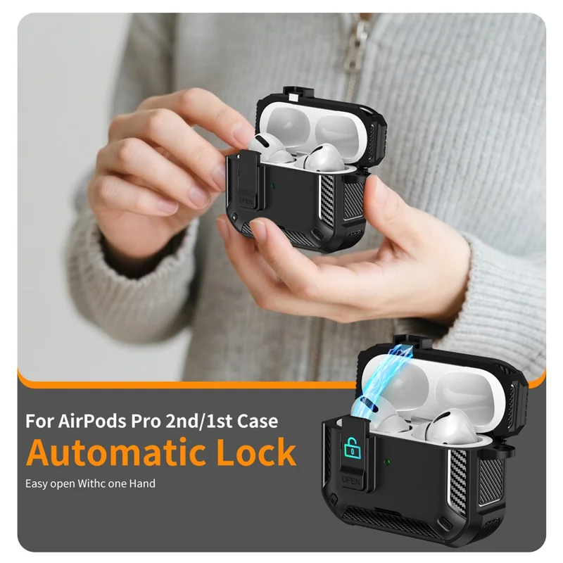 For AirPods Pro 2 Case Compatible with MagSafe TPU PC Earbuds Cover with Carabiner  /  Stand - Black