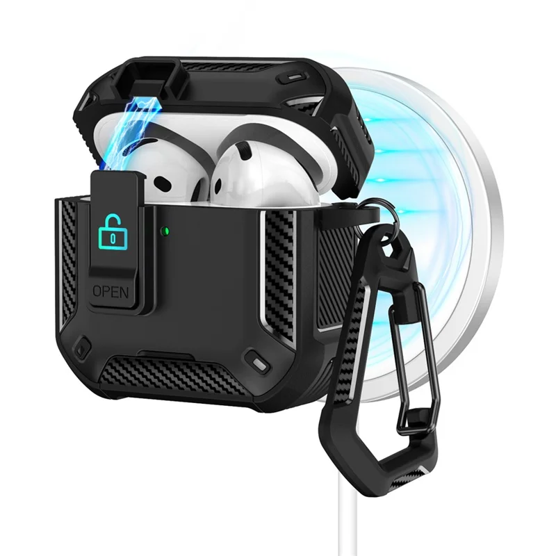For AirPods 4 Case Compatible with MagSafe TPU PC Earbuds Cover with Carabiner  /  Stand - Black