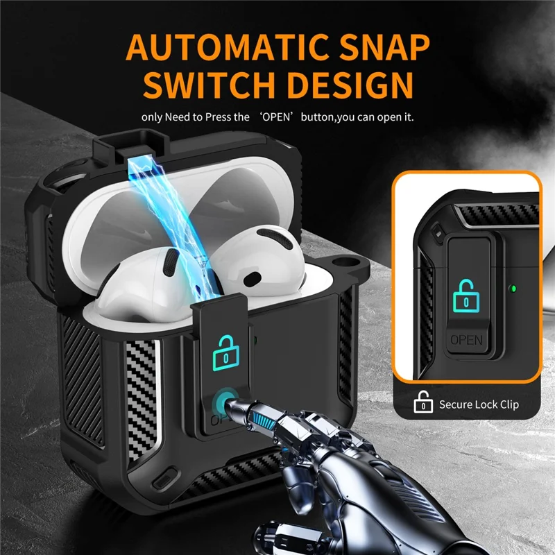 For AirPods 4 Case Compatible with MagSafe TPU PC Earbuds Cover with Carabiner  /  Stand - Black