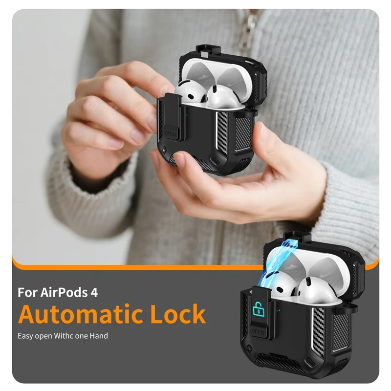 For AirPods 4 Case Compatible with MagSafe TPU PC Earbuds Cover with Carabiner  /  Stand - Black