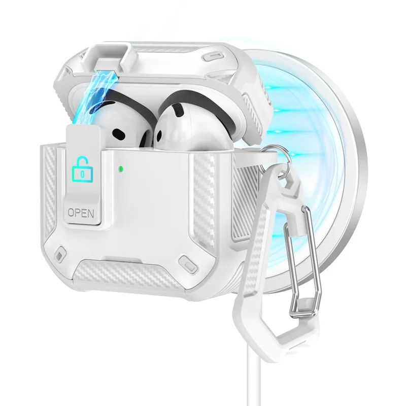 For AirPods 4 Case Compatible with MagSafe TPU PC Earbuds Cover with Carabiner  /  Stand - White