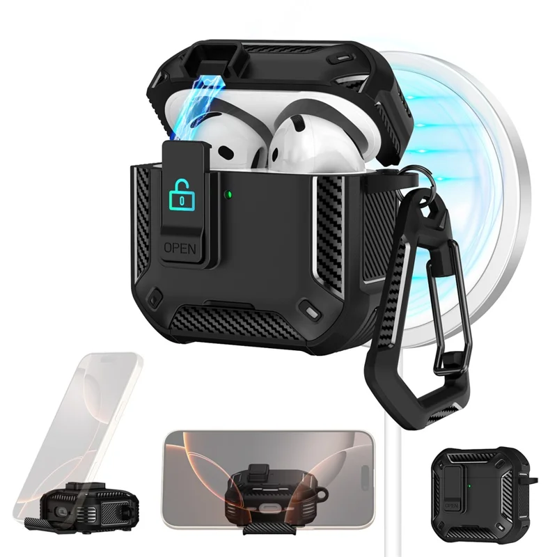 For AirPods 4 Case Compatible with MagSafe TPU PC Earbuds Cover with Carabiner  /  Stand - White