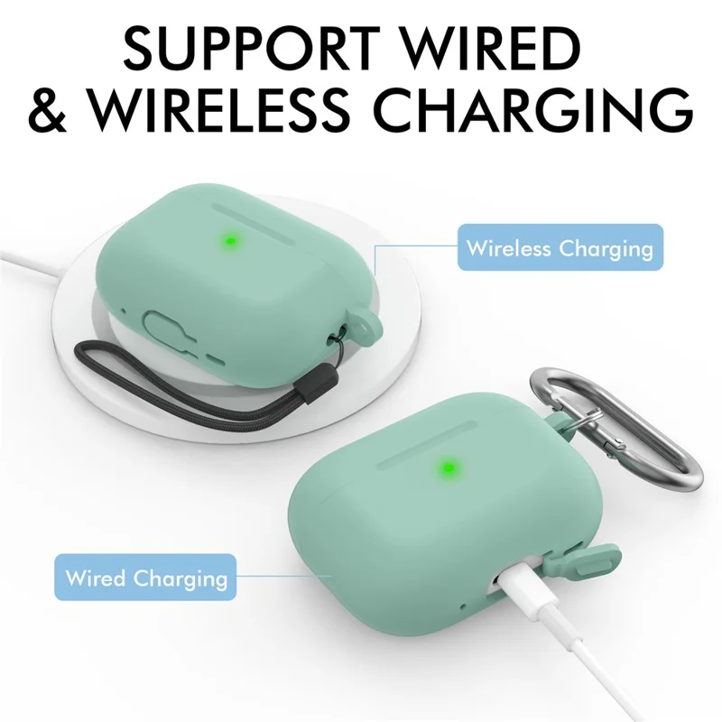 AHASTYLE CS14 For AirPods Pro 2 Silicone Case Earphone Protective Cover with Carabiner / Lanyard - Mint Green