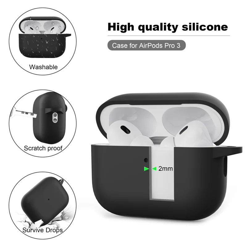 For AirPods Pro 3 Silicone Case Earphone Protective Cover with Carabiner - Black