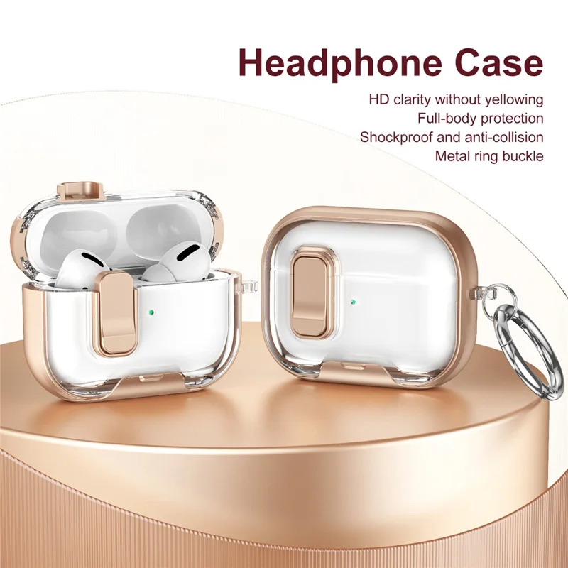 Apple AirPods Pro Case TPU PC Kopfhörer Schutzhülle mit Schalter / Ständer / Tragegriff - Gold
