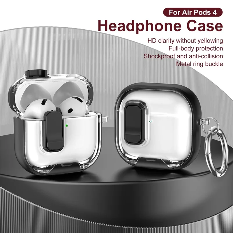 Per AirPods 4 Case TPU PC Cuffie Custodia protettiva con interruttore / Supporto / Gancio da trasporto - Nero