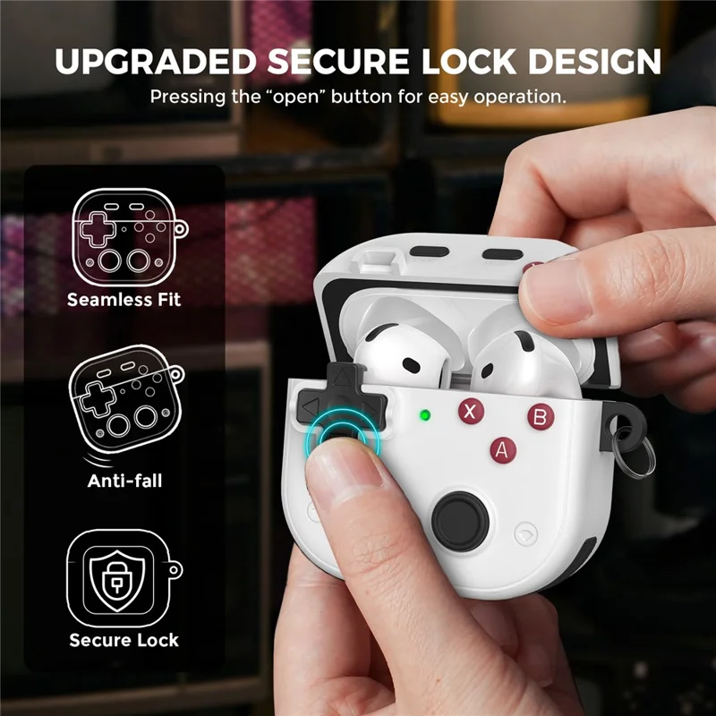 AHASTYLE WG175 For AirPods 4 Protective Case Game Console Design Silicone Earphone Cover with Carabiner - White
