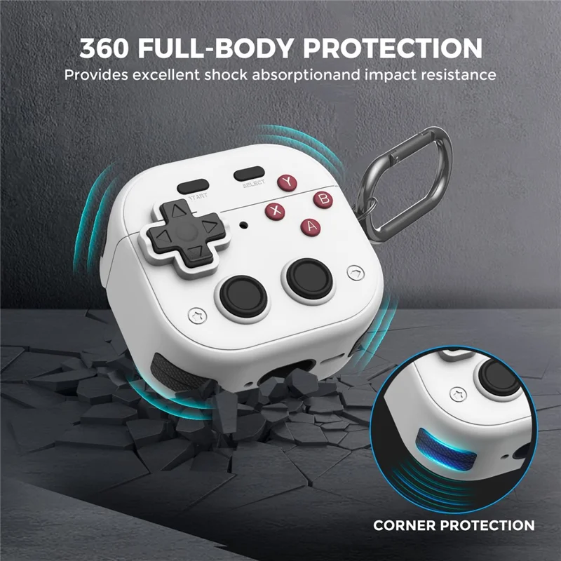 AHASTYLE WG175 For AirPods 4 Protective Case Game Console Design Silicone Earphone Cover with Carabiner - White