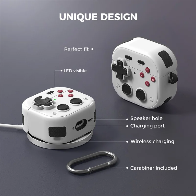 AHASTYLE WG175 For AirPods 4 Protective Case Game Console Design Silicone Earphone Cover with Carabiner - White