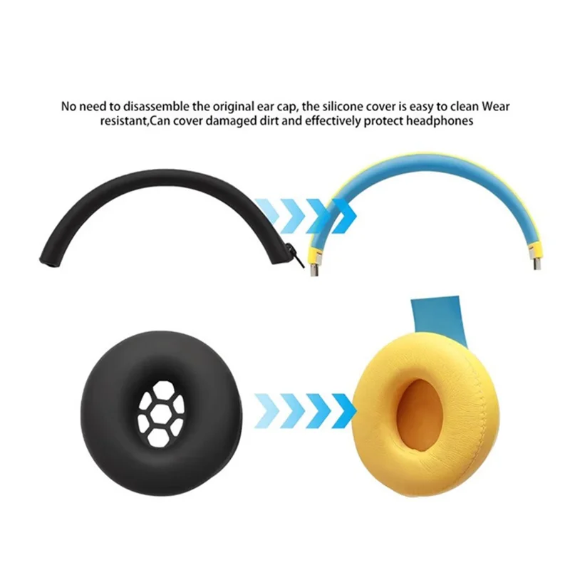 For Beats Solo3 Headphones Silicone Protective Cover Set 2Pcs Earpad Cushion Covers + Headband Sleeve - Black