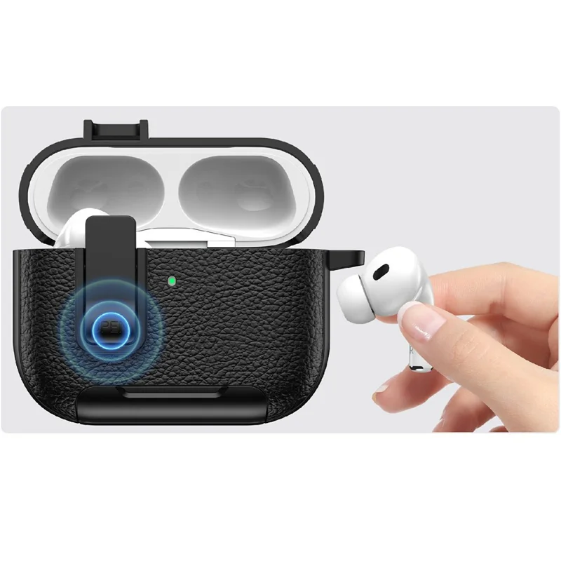 For AirPods Pro 3 Protective Case with Stand Litchi Texture TPU + PC Earphone Cover with Lock and Carabiner - Army Green