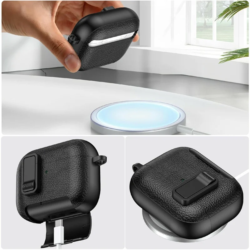 For AirPods Pro 3 Protective Case with Stand Litchi Texture TPU + PC Earphone Cover with Lock and Carabiner - Army Green