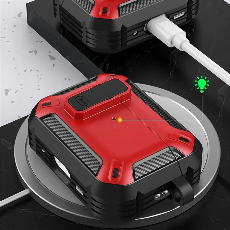 For AirPods Pro 3 TPU + PC Earphone Protective Case Earbud Charging Box Drop-Proof Cover with Carabiner - Red