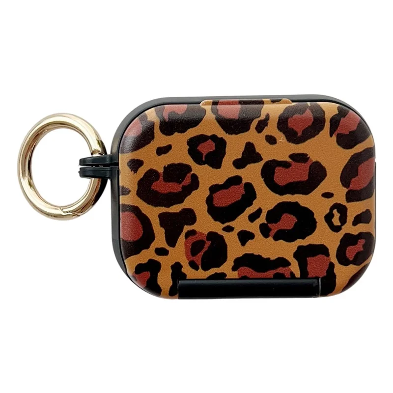 For AirPods Pro 3 Protective Cover Leopard Print Case with Phone Stand / Makeup Mirror - Black Bottom