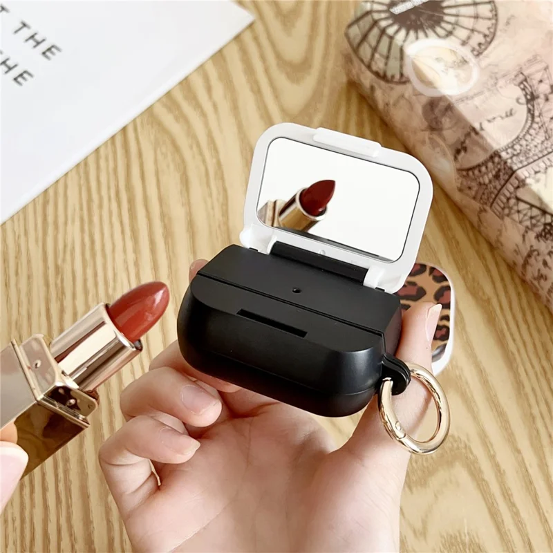 For AirPods Pro 3 Protective Cover Leopard Print Case with Phone Stand / Makeup Mirror - Black Bottom