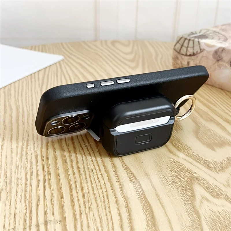 For AirPods Pro 3 Protective Cover Leopard Print Case with Phone Stand / Makeup Mirror - Black Bottom