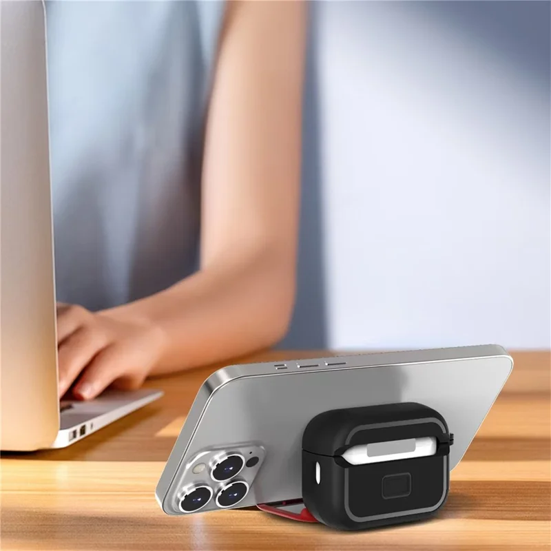 For AirPods Pro 3 Protective Case PC + TPU Shockproof Cover with Stand / Makeup Mirror - Black