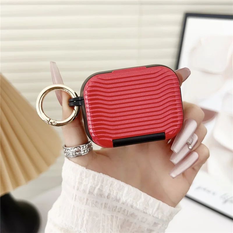 For AirPods Pro 3 Case Wave Pattern PC TUP UV Coating Earbuds Cover with Stand / Makeup Mirror - Red