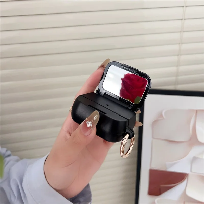 For AirPods Pro 3 Case Wave Pattern PC TUP UV Coating Earbuds Cover with Stand / Makeup Mirror - Red