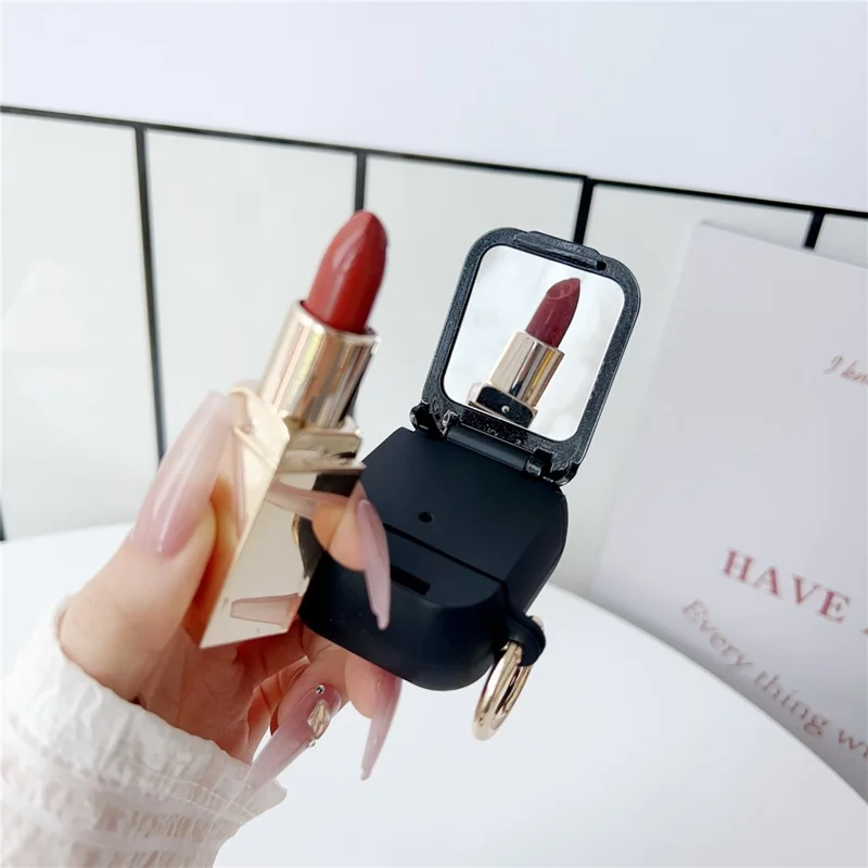 For AirPods Pro 3 Case Wave Pattern PC TUP UV Coating Earbuds Cover with Stand / Makeup Mirror - Red