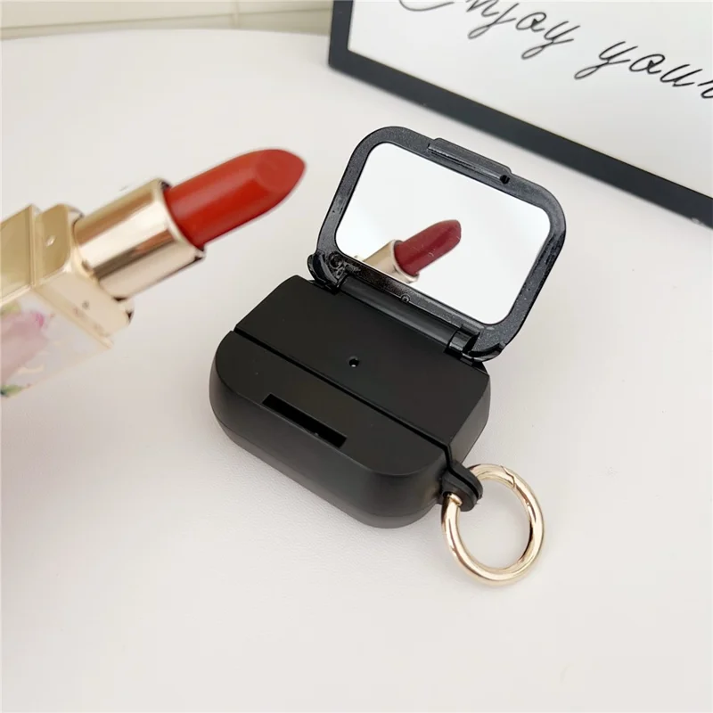 For AirPods Pro 3 Case Wave Pattern PC TUP UV Coating Earbuds Cover with Stand / Makeup Mirror - Red