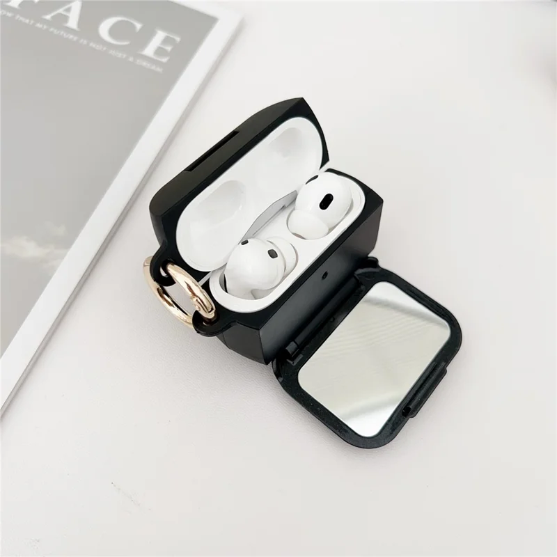 For AirPods Pro 3 Case Wave Pattern PC TUP UV Coating Earbuds Cover with Stand / Makeup Mirror - Red