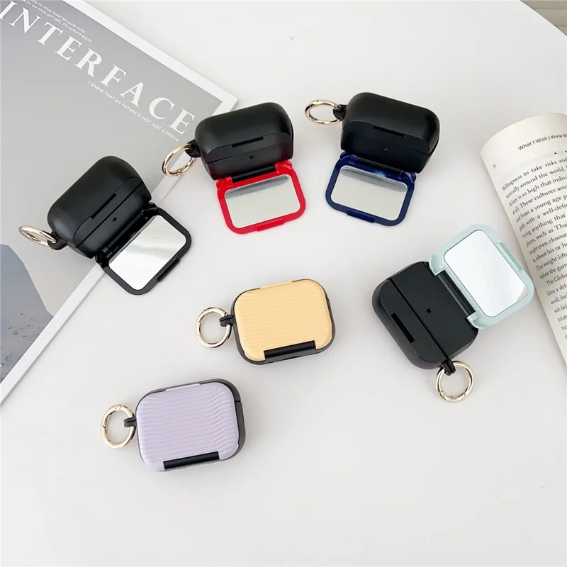 For AirPods Pro 3 Case Wave Pattern PC TUP UV Coating Earbuds Cover with Stand / Makeup Mirror - Red