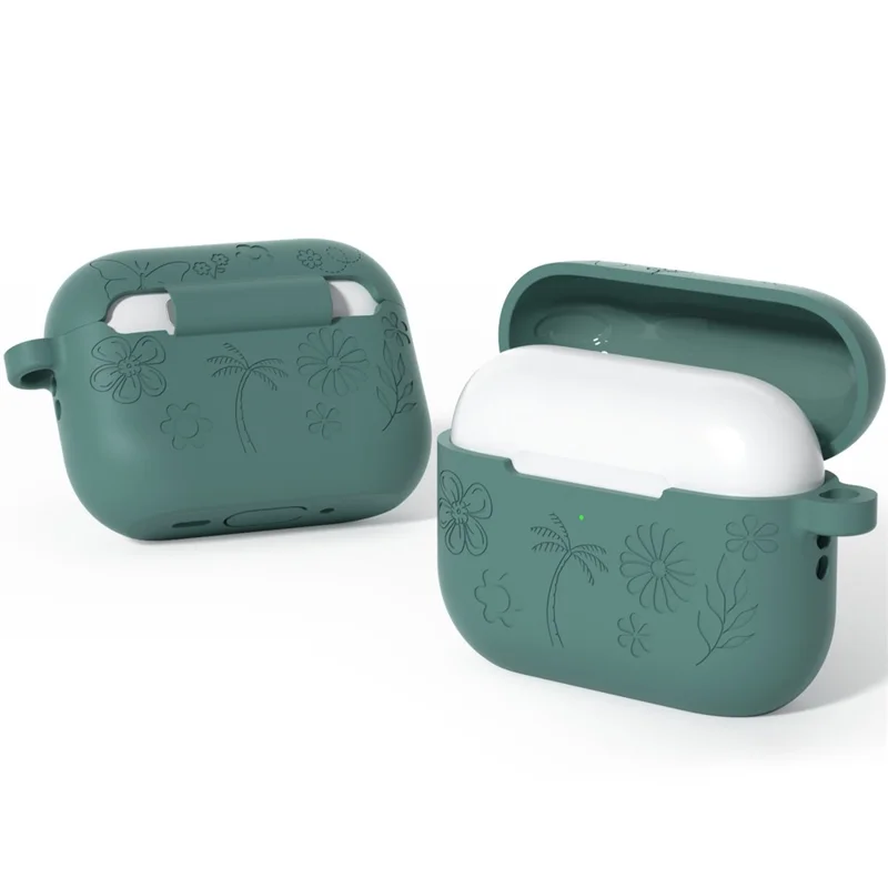 For AirPods Pro 3 Silicone Case Flower Plant Earbuds Protective Cover with Carabiner - Green
