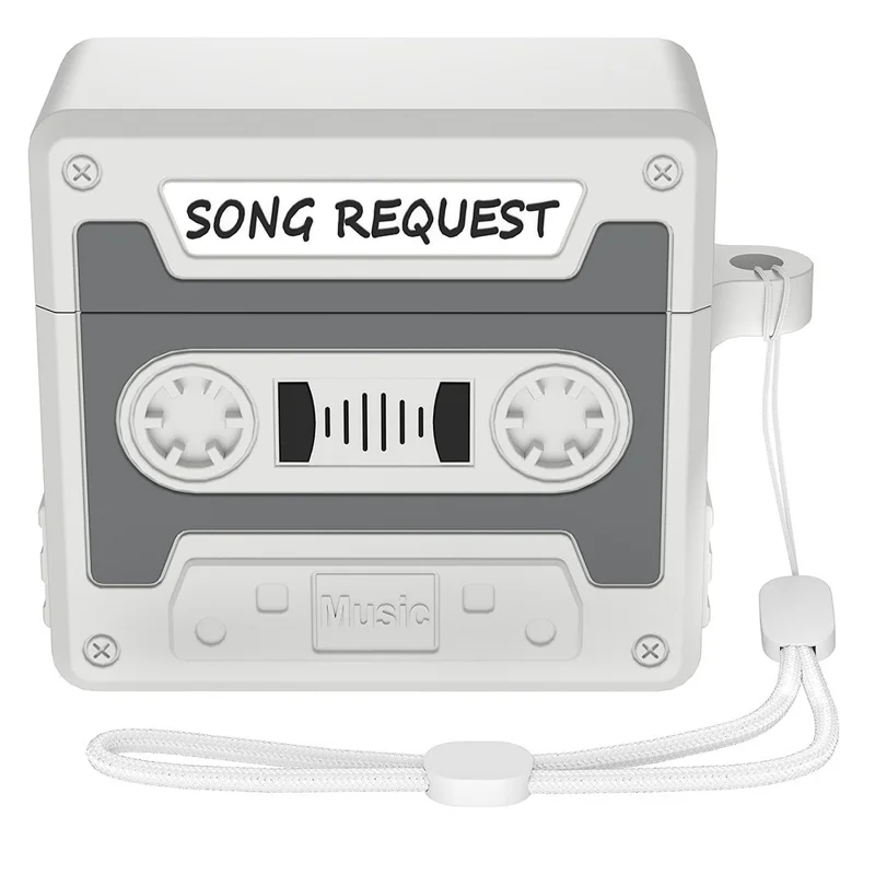 For AirPods Pro 3 Case Retro Cassette Tape Style Earphone Silicone Cover with Hand Strap - Light Grey