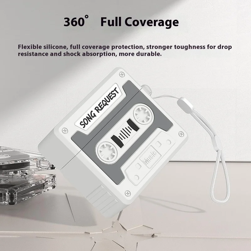 For AirPods Pro 3 Case Retro Cassette Tape Style Earphone Silicone Cover with Hand Strap - Light Grey