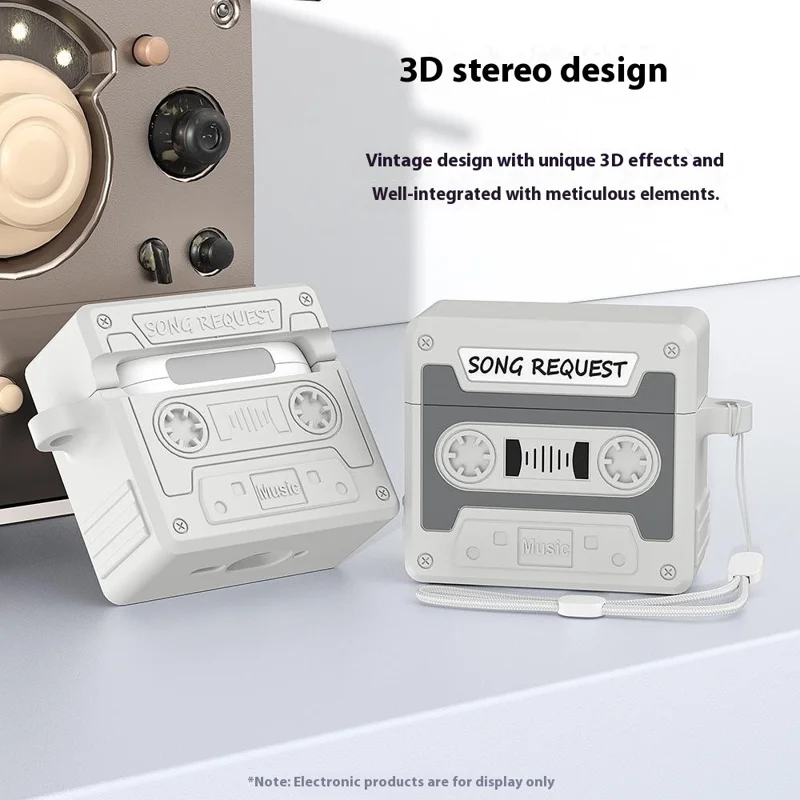 For AirPods Pro 3 Case Retro Cassette Tape Style Earphone Silicone Cover with Hand Strap - Light Grey