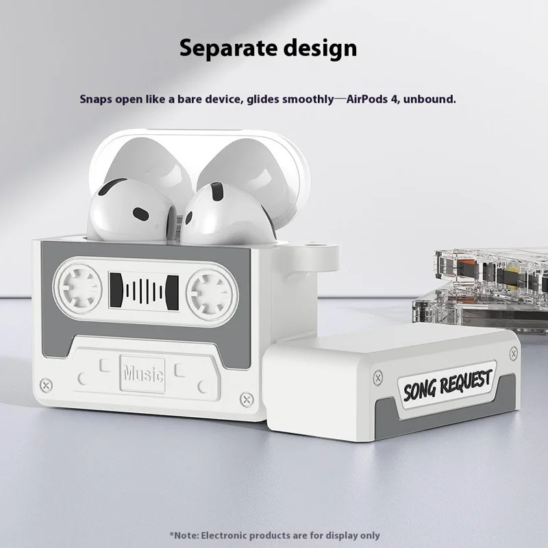 For AirPods Pro 3 Case Retro Cassette Tape Style Earphone Silicone Cover with Hand Strap - Light Grey