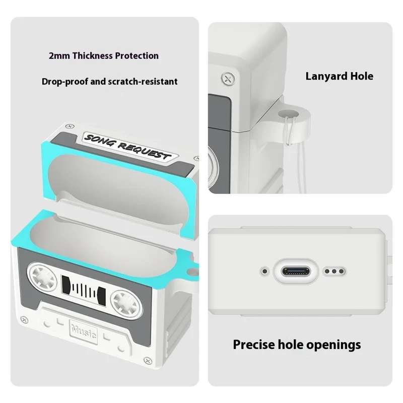 For AirPods Pro 3 Case Retro Cassette Tape Style Earphone Silicone Cover with Hand Strap - Light Grey