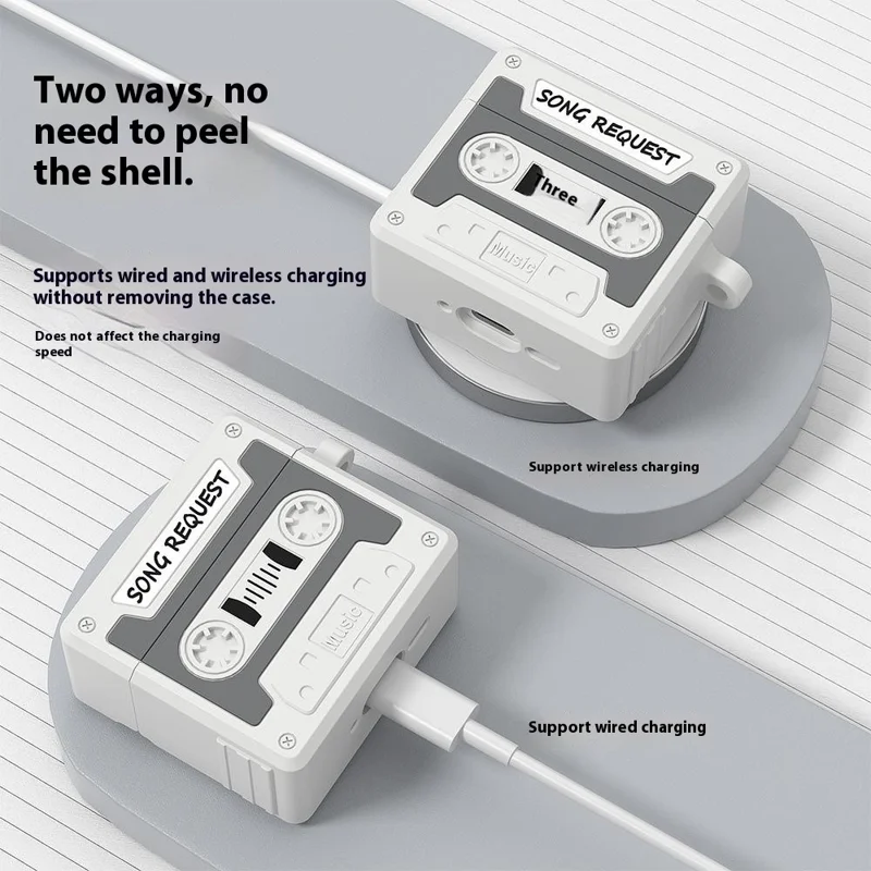 For AirPods Pro 3 Case Retro Cassette Tape Style Earphone Silicone Cover with Hand Strap - Orange