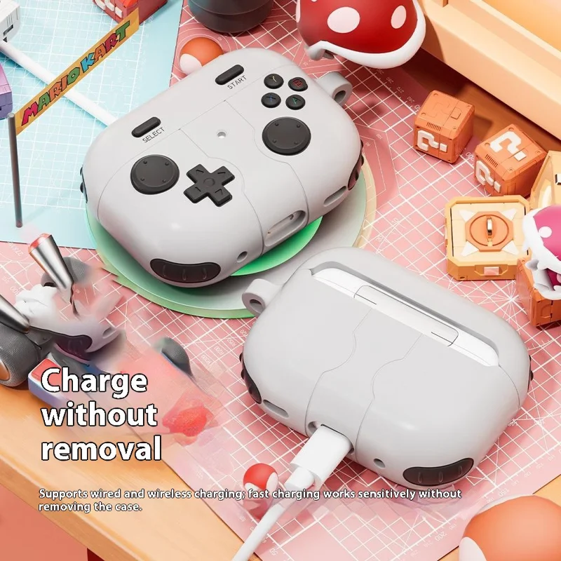 For AirPods Pro 3 Silicone Case Retro Game Console Style Earbuds Protective Cover with Carabiner - Grey